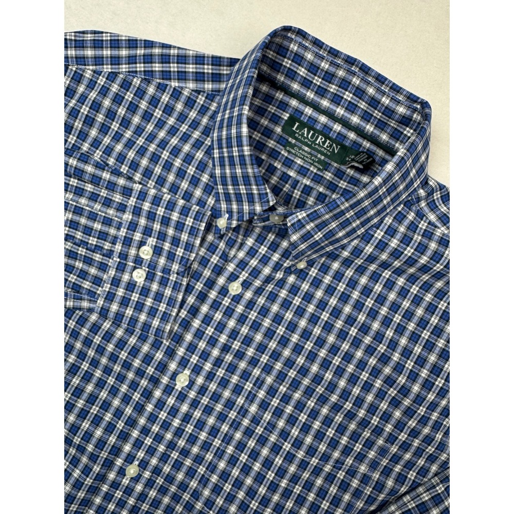 Lauren‎ Ralph Lauren Classic Fit Stretch Non Iron Blue Plaid Shirt 16 34/35